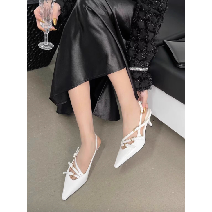 Giày sandals quai loe Sling back mũi nhọn cho nữ cao gót quai hậu da trơn bóng mùa hè 2023