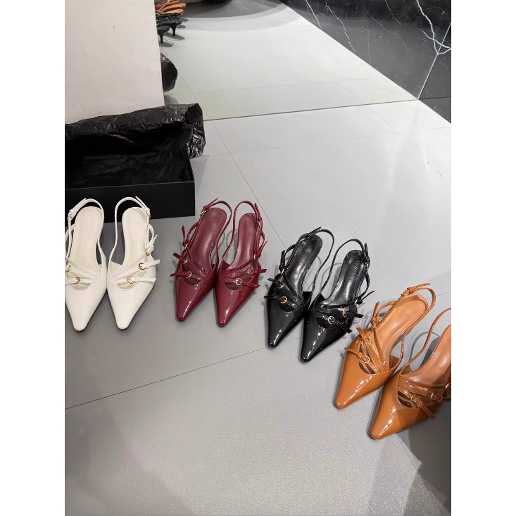 Giày sandals quai loe Sling back mũi nhọn cho nữ cao gót quai hậu da trơn bóng mùa hè 2023