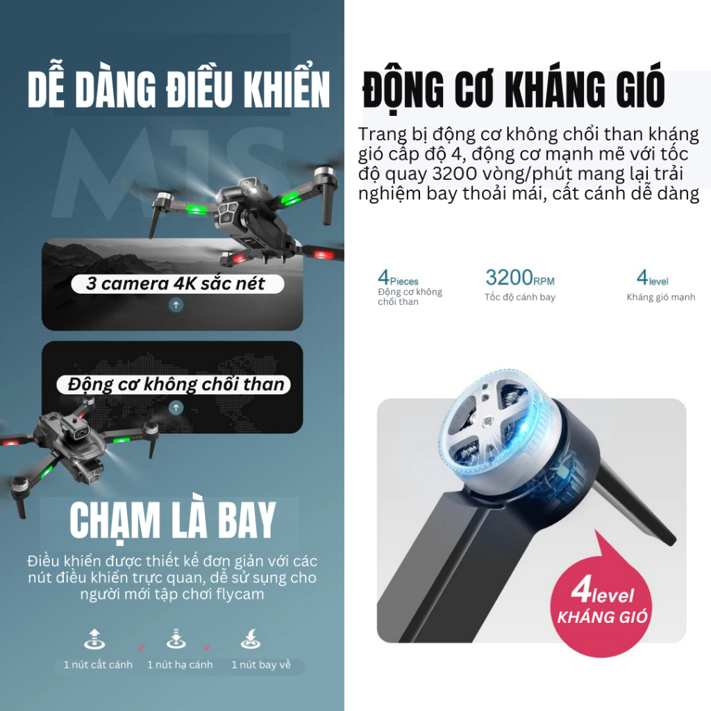 Máy Bay Flycam S2S, Play Cam Drone M1S 3 Camera 4K  Động Cơ Không Chổi Than, Cảm Biến Tránh Vật Cản, Kết Nối Điện Thoại | BigBuy360 - bigbuy360.vn