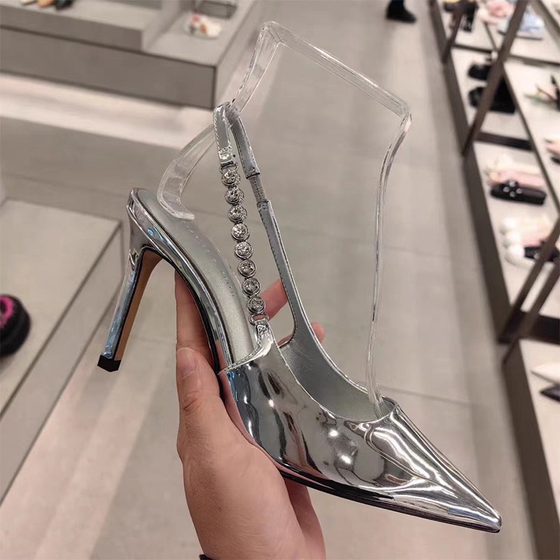 Giày cao gót mũi nhọn 7p màu bạc - đen mix chuỗi đá bi tròn | BigBuy360 - bigbuy360.vn