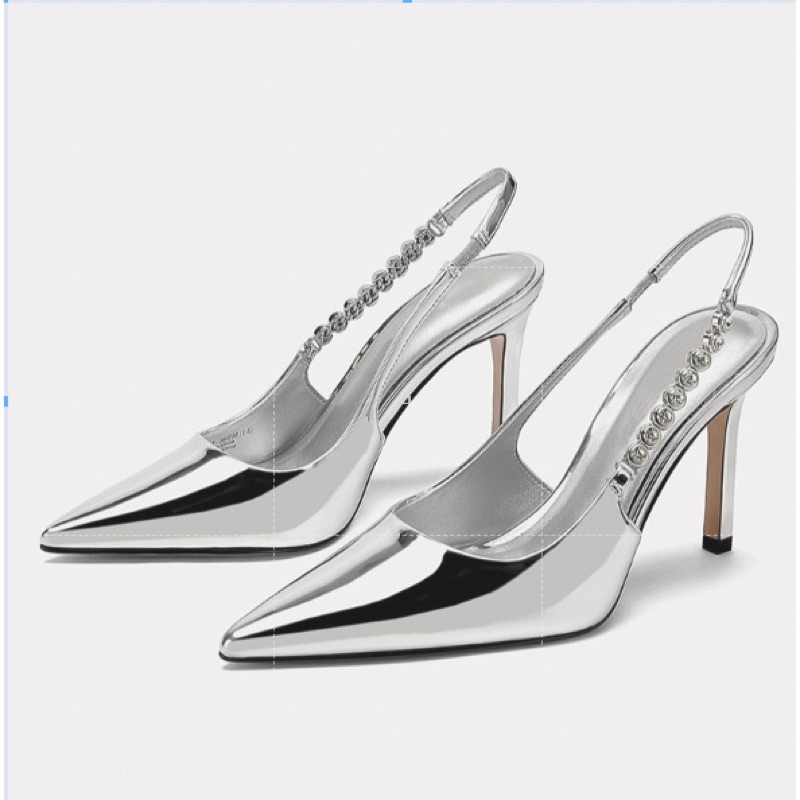 Giày cao gót mũi nhọn 7p màu bạc - đen mix chuỗi đá bi tròn | BigBuy360 - bigbuy360.vn