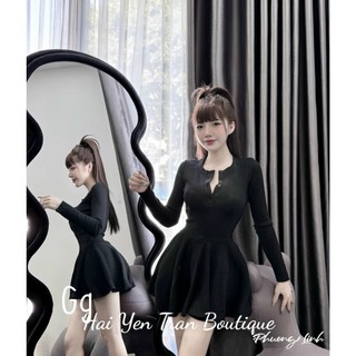 đầm tay dài cài nút cổ dáng ngắn xòe nhẹ chất gân to đẹp