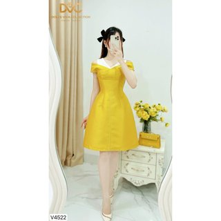 Váy đầm thiết kế tafta màu vàng dáng A cổ V đi làm đi tiệc V4522 - DVC