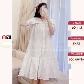 Váy Babydoll Thủy Thủ Cộc Tay Cổ Tròn - Đầm Hàng Ngày Midi Có Bigsize Vải Boi 2 Lớp Hoa Thỏ Thêu PL