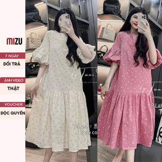 Vasy Babydoll Hoa Nhí Tay Cộc Bồng Cổ Tròn - Đầm 2 Màu Hồng Be Có Bigsize From Rông 40-70KG - Vải Boi 2 Lớp Mềm Nhẹ Mát