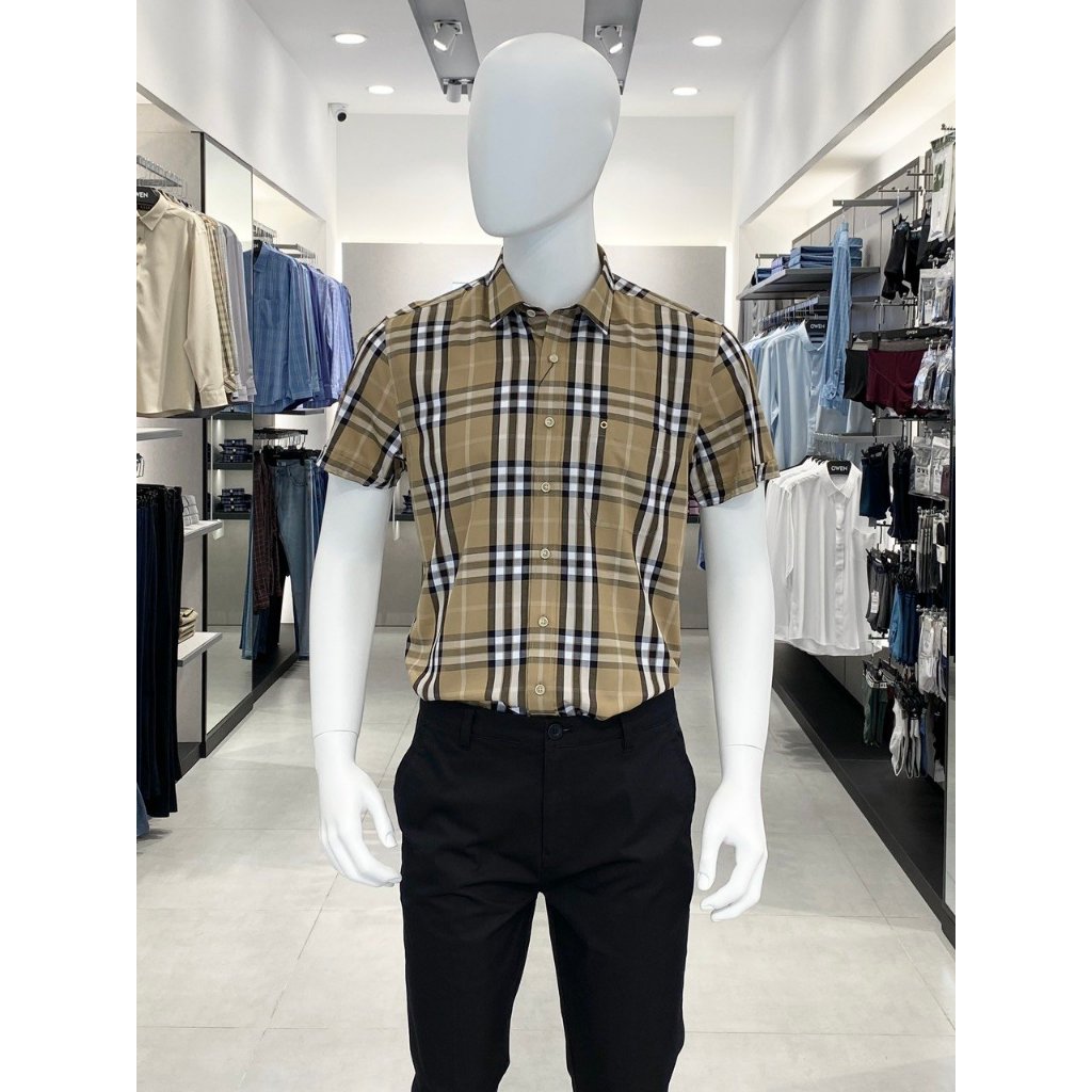 OWEN - Áo Sơ mi ngắn tay Owen vạt ngang chất sợi BẠC HÀ kẻ ca rô be nâu 230251