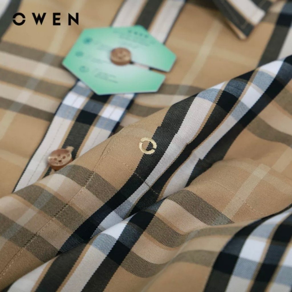 OWEN - Áo Sơ mi ngắn tay Owen vạt ngang chất sợi BẠC HÀ kẻ ca rô be nâu 230251