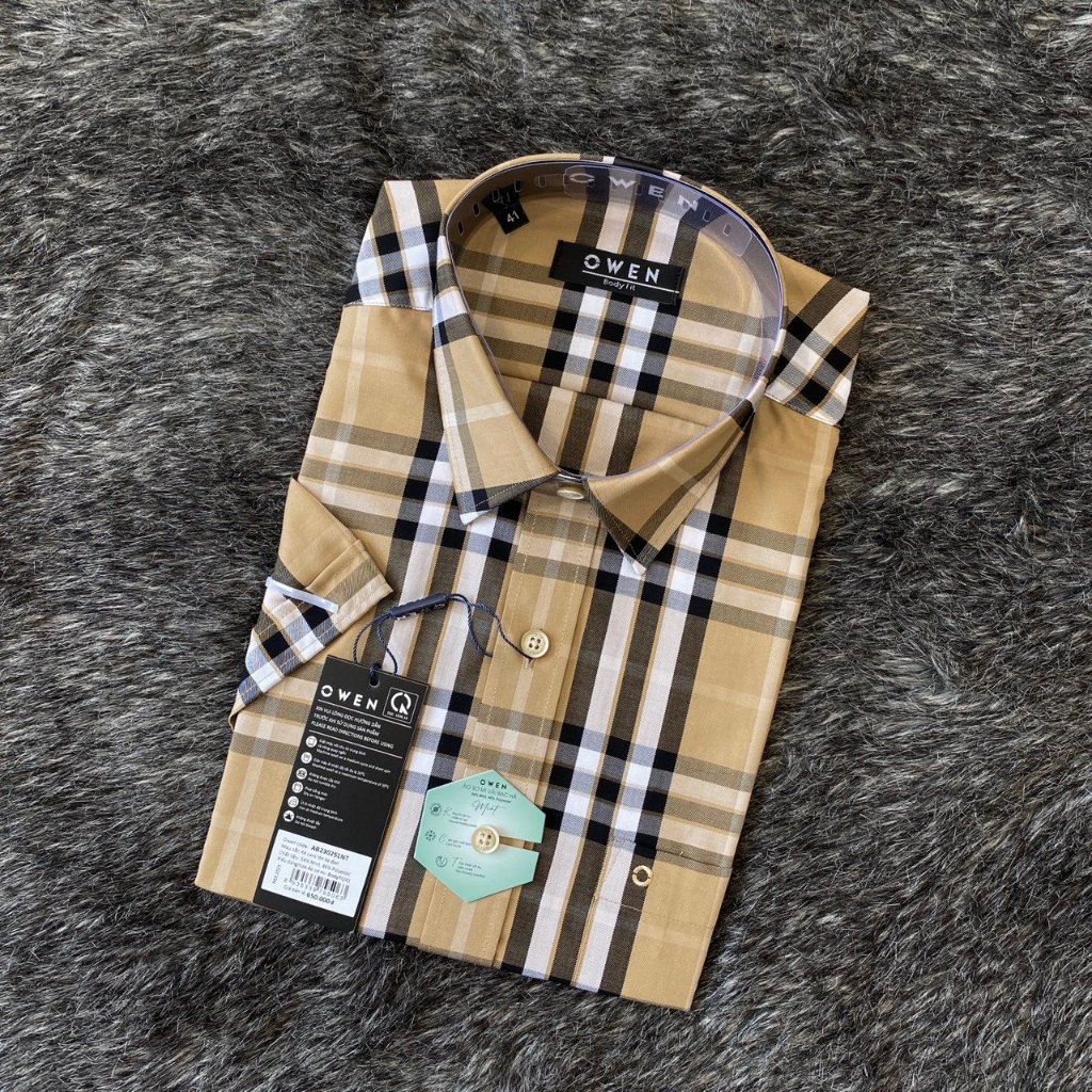 OWEN - Áo Sơ mi ngắn tay Owen vạt ngang chất sợi BẠC HÀ kẻ ca rô be nâu 230251
