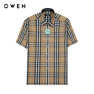 OWEN - Áo Sơ mi ngắn tay Owen vạt ngang chất sợi BẠC HÀ kẻ ca rô be nâu 230251