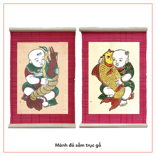 Cặp tranh Đông Hồ Bé ôm Tôm, Bé ôm Chép - Dong Ho folk woodcut painting