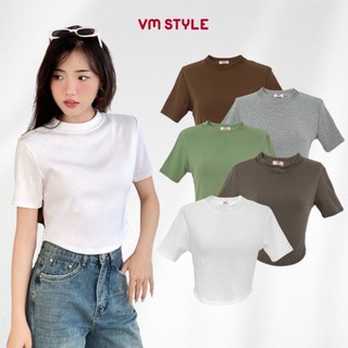 Áo thun nữ VMSTYLE croptop tay ngắn cổ tròn trơn vạt bầu form ôm basic đi học, đi chơi - ATU00771