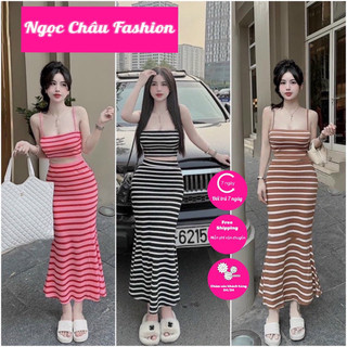 Set váy body 2 dây croptop hàng loại 1 co dãn + váy ôm dáng xòe kẻ sọc 3 màu hồng, đen, nâu form 38-56kg