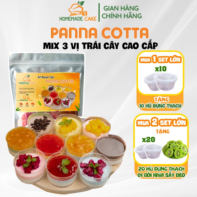 Set làm Panna Cotta ⚡FREESHIP⚡ 3 vị Dâu, Xoài, Đào nguyên liệu Panna Cotta kèm hũ cao cấp