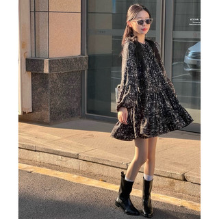 Váy hoa ngắn dáng suông cổ tròn, Đầm suông dài tay babydoll dễ thương hoạ tiết in hoa Order Quảng Châu Loại 1