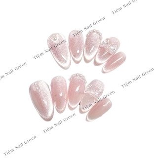   G27  - Nailbox thiết kế - móng úp sơn gel mắt mèo hồng thạch đính charm nơ 