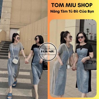 Đầm body kiểu pha jean dáng dài cổ tròn tay ngắn TOMMIU SHOP