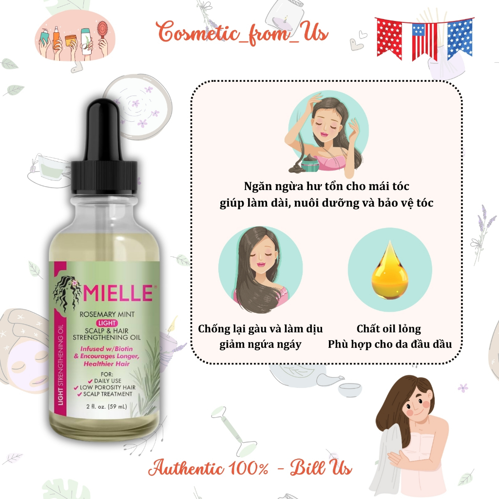 [Hoả tốc SG] Dầu dưỡng mọc tóc dành cho da dầu Mielle Rosemary Mint Light Scalp & Hair Strengthening
