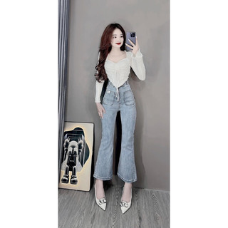 Set Quần jeans ống loe 2 túi trước+ áo tay loe rút dây trắng