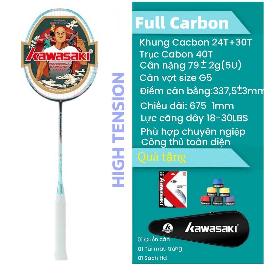Vợt Cầu Lông Kawasaki Aurora Full Cacbon 5U, 5G Lực Căng Tối Đa 30Lbs