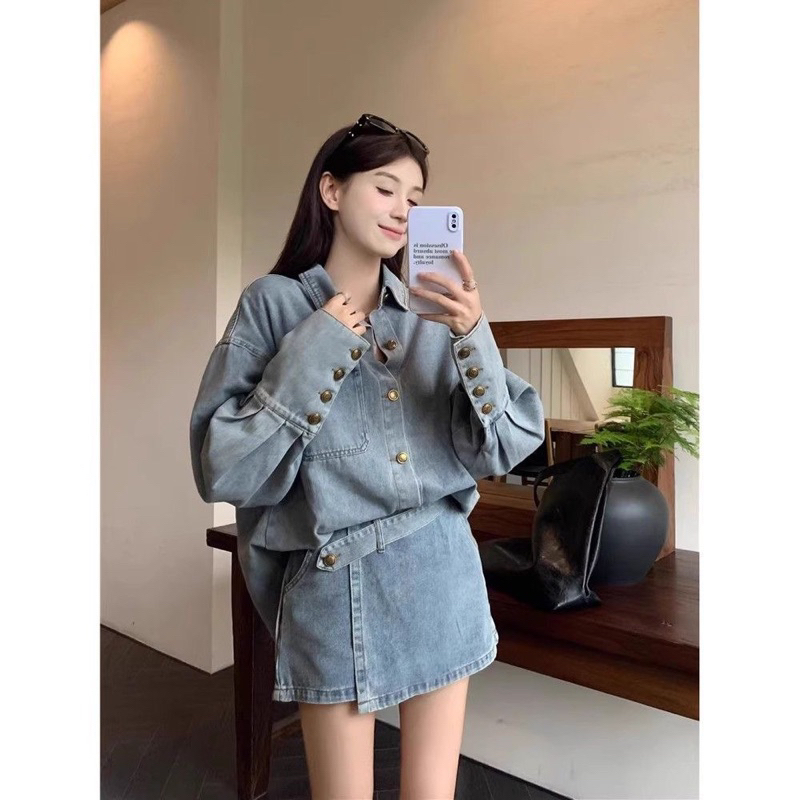 SET SƠ MI BÒ DÀI TAY + QUẦN GIẢ VÁY 01