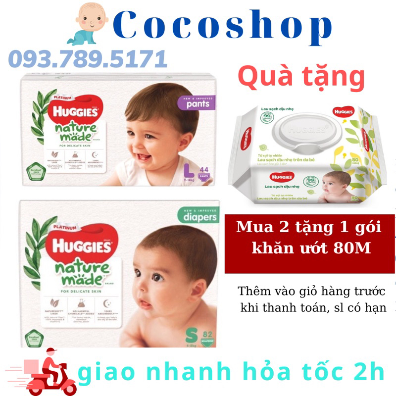 Hàng Chính Hãng Tã Bỉm Dán Quần Huggies PLatium Natural Made NB60 S82 M64