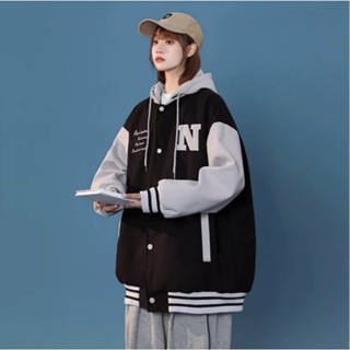Áo Bomber Unisex - Áo khoác nỉ Hoodie mũ trùm đầu 2 lớp thân áo 1 lớp cúc bấm nam nữ Vintage thêu chữ N