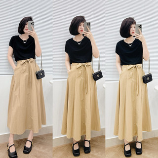 Set áo cổ đổ và chân váy kaki dáng dài Petbychang