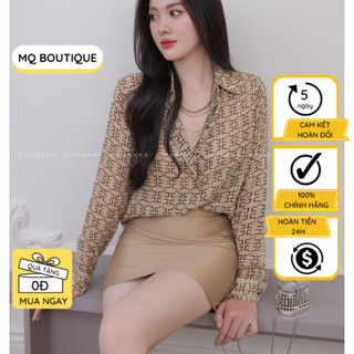 Áo sơ mi tơ đính nhũ nữ dài tay công sở họa tiết hình ngược nâu đen cao cấp, áo sơ mi họa tiết thiết kế MQ Boutique