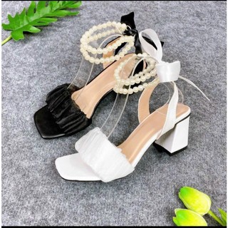 Giày sandal cao gót quai ngang nhún bèo gót vuông 5 phân tôn dáng