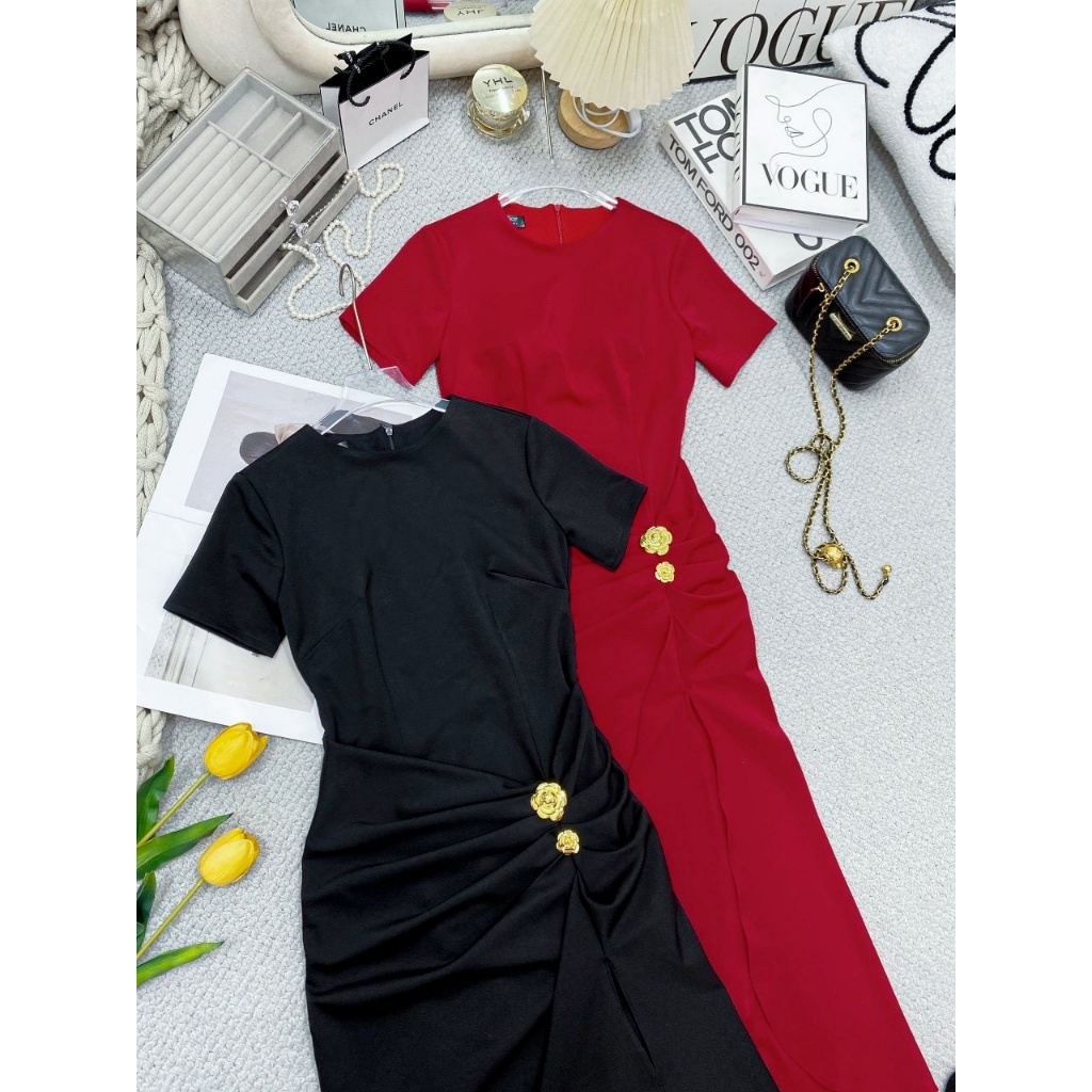Đầm body xếp li nhún eo xẻ đùi