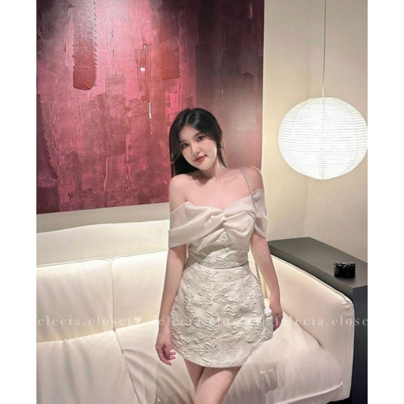 Sét áo trễ vai kèm chân váy gấm, Đầm váy nữ thiết kế , Set bộ trễ vai/Roseycloset