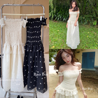 Đầm Tơ Nhún Ôm Trễ Vai Hoa Nhí Dáng Dài Xinh Xắn (Hàng Loại 1) Váy Maxi Dài Tơ Hoa Mùa Hè Vintage