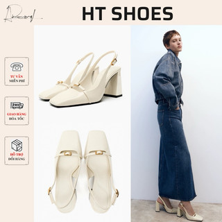 Giày sandal cao gót Z mũi vuông phối quai khoá ngang màu kem đế trụ cao 9cm hở gót hack dáng sang trọng cho nữ #7773-1