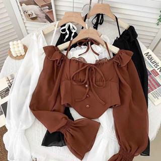 Áo tiểu thư trễ vai tay dài vải voan mềm hai lớp chun lưng co giãn A112