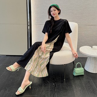 T444 Váy Suông Quảng Châu Đính Cúc Cách Điệu Xẻ Tà Họa Tiết Dân Tộc Mẫu Mơ
