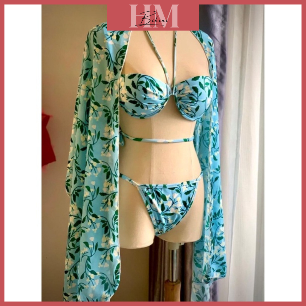Bikini,đồ bơi set 3 mảnh hoa nhí có gọng mút đệm dày