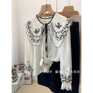 Áo sơmi trắng be voan thêu hoạ tiết hoa viền bèo tiểu thư- ORD