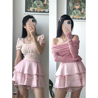 Áo thun gân hồng tay bồng viền ren - Áo thun hồng dáng croptop trễ vai dài tay
