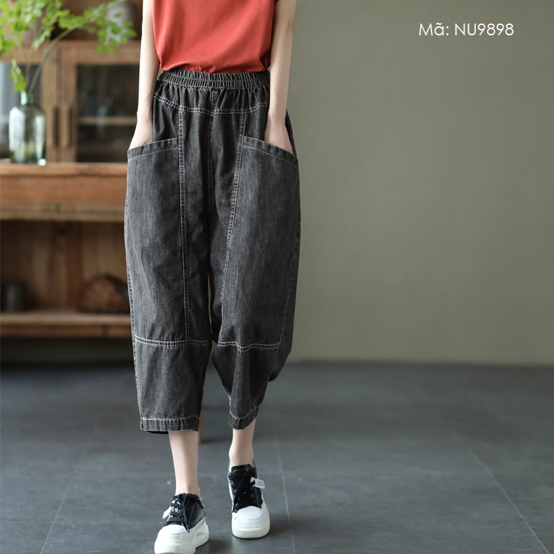 Quần baggy denim lửng KAMAKA lưng thun hai túi ngang - NU9898