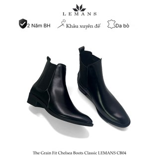 Giày da bò nguyên tấm Chelsea Boots Classic Black LeMans CB04 nam mũi nhọn, gót tăng cao 5cm, bảo hành 24 tháng
