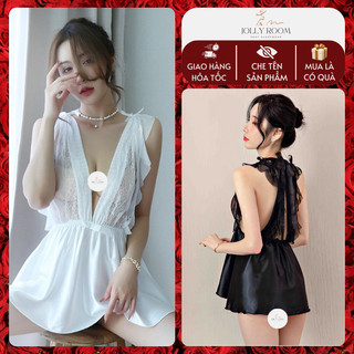 Váy ngủ sexy gợi cảm lụa cao cấp quyến rũ sang trọng họa tiết cổ xẻ V viền ren xuyên thấu hở lưng