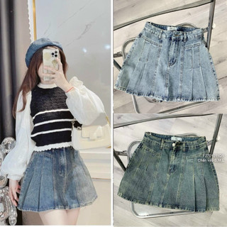 Chân váy jean ngắn xếp ly, chân váy bò cao cấp