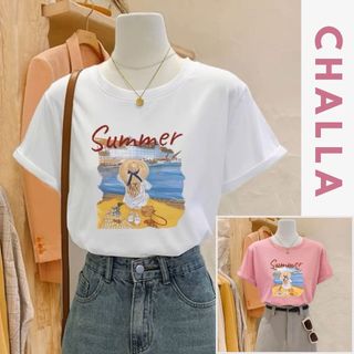 Áo phông đẹp cho nữ phom vừa cổ tròn tay ngắn, In hình SUMMER, Vải Cotton 100% thoáng mát mềm mịn