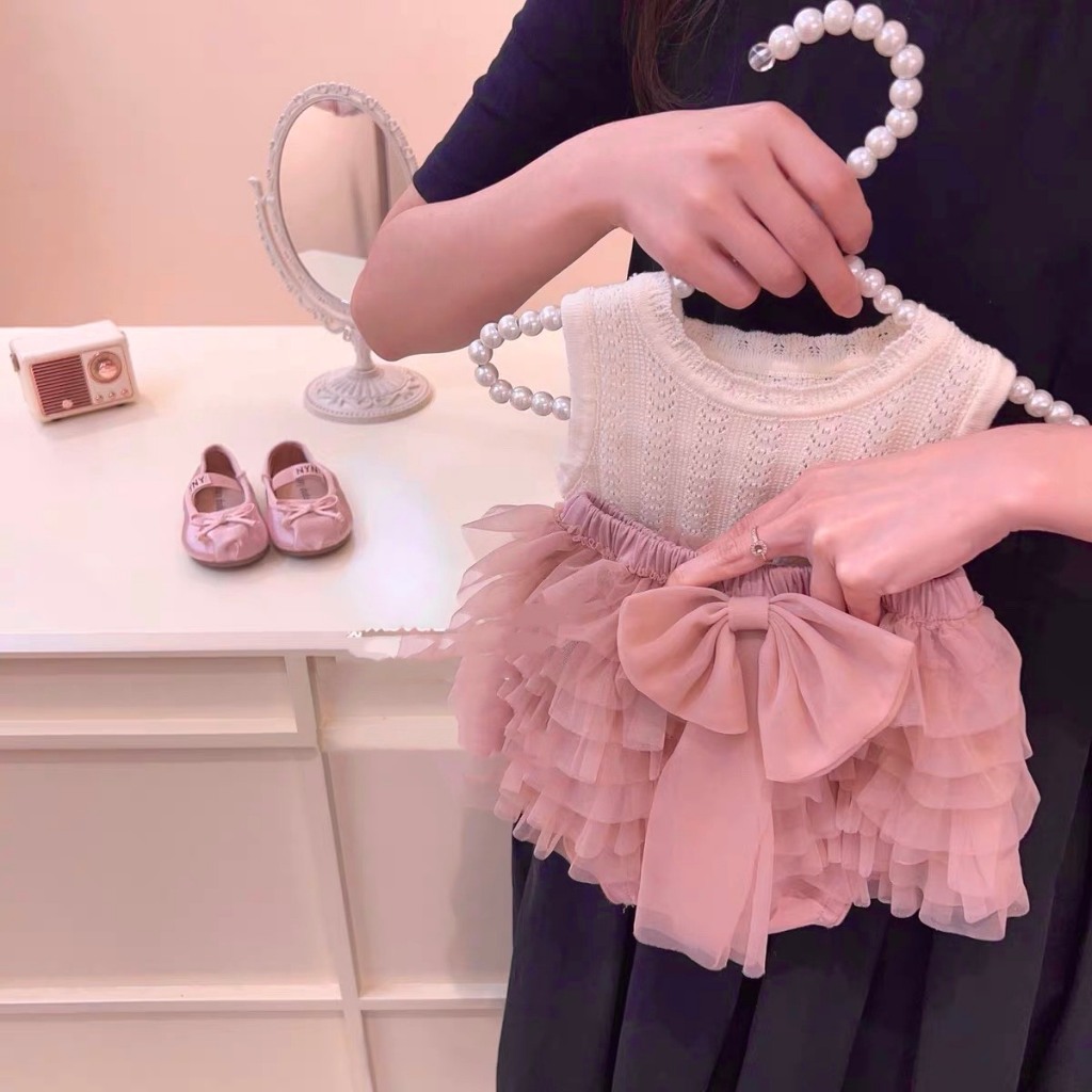 Set Áo Ren Dệt Kim Phối Chân Váy Xòe Lưới Xếp Tầng Sang Chảnh Cho Bé