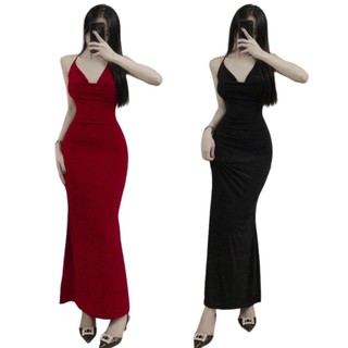 Đầm body 2 dây cổ đổ dáng dài chất thun Ladong nhập tôn dáng sang chảnh O