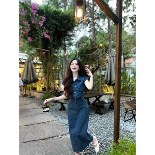 Set váy nữ đi chơi,Set jean/denim QC áo cổ sơ mi sát tay túi hộp váy dáng dài kèm nịt hack dáng thanh lịch