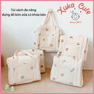 Túi xách đa năng đựng đồ bỉm sữa cho bé thêu gấu thỏ phong cách Hàn Quốc [Có khóa kéo]