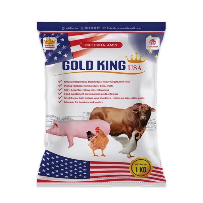 GOLDKING USA Siêu Vỗ Béo Gà Heo 1Kg. Siêu tăng trọng vật nuôi gold king usa