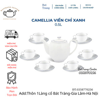 (6 MẪU)Ấm chén pha trà Bát Tràng-men TrắngViền Chỉ Xanh-dáng Camelia 500ml