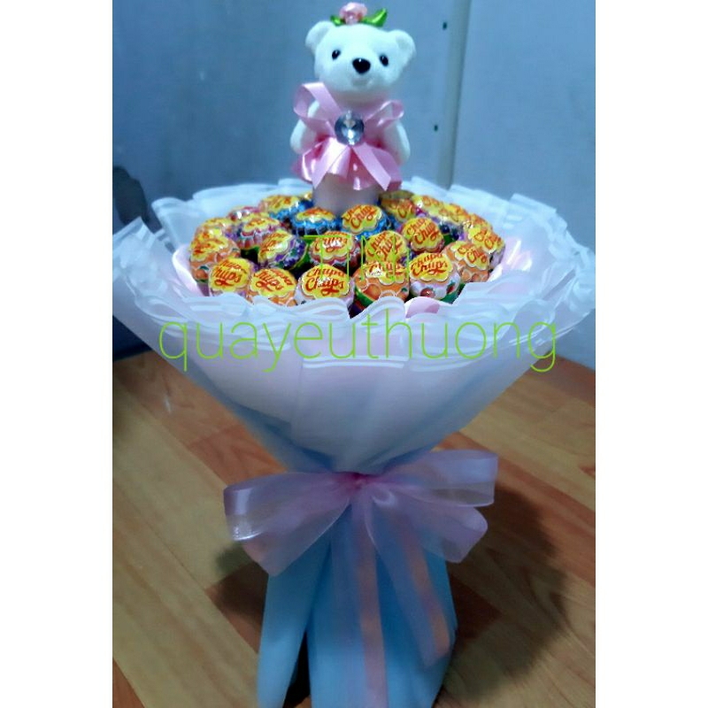 Bó hoa kẹo chupa chups + gấu